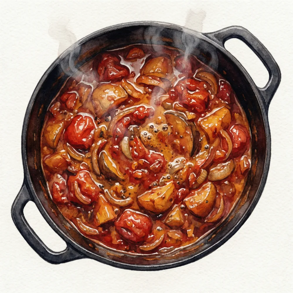 A Nanbu Tekki Dutch oven full of rich, dark waterless curry with vegetables