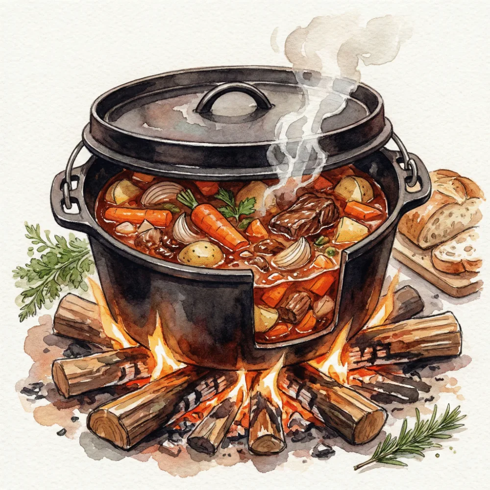 A black cast-iron Dutch oven over a campfire, with steam rising from a savory stew inside