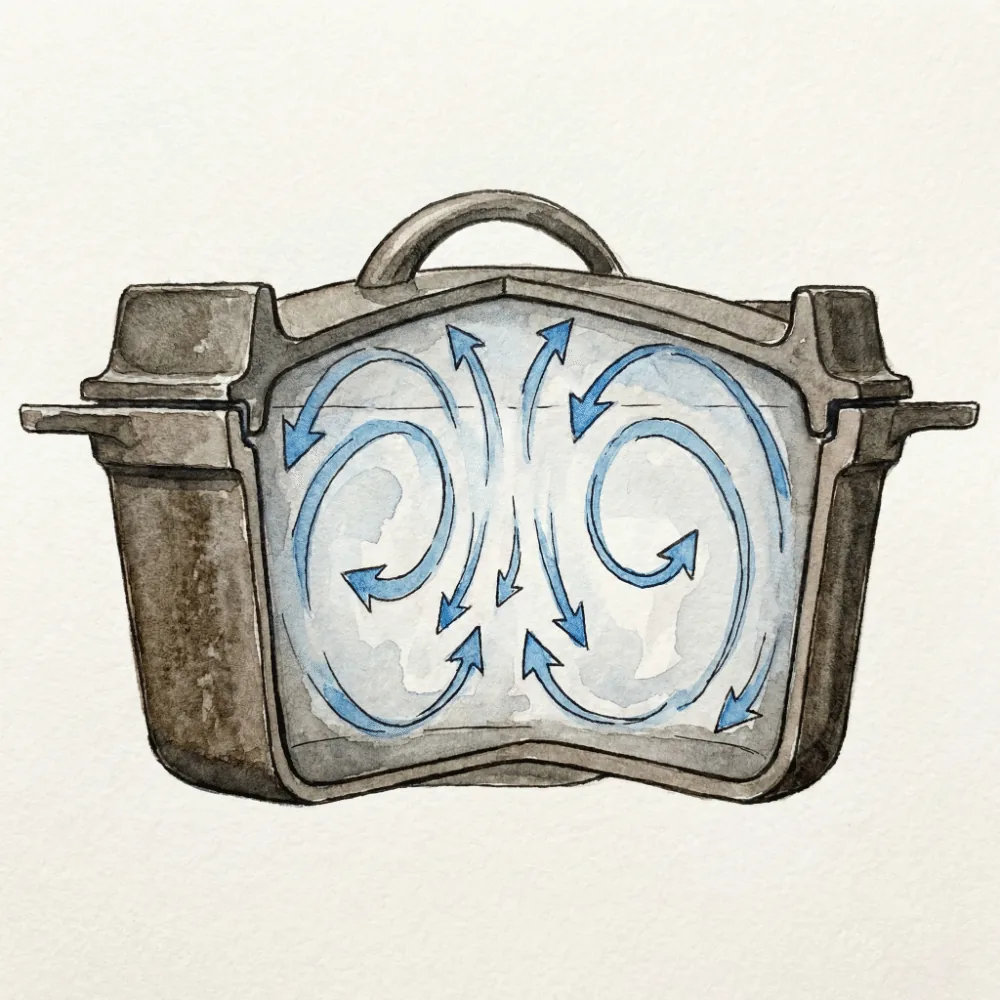 Cross-section diagram showing the tight-fitting lid of a Nanbu Tekki Dutch oven trapping steam inside