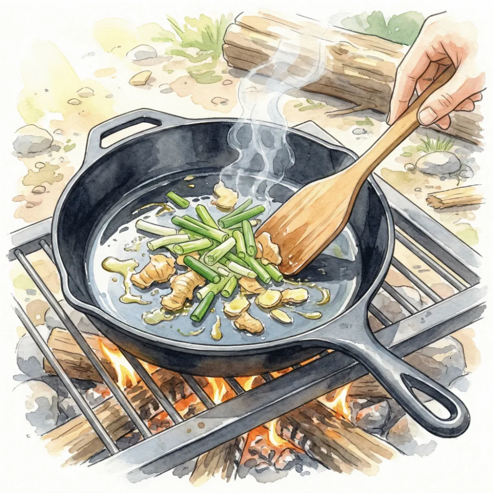 Sautéing vegetable scraps in a cast-iron skillet over a campfire during the seasoning process