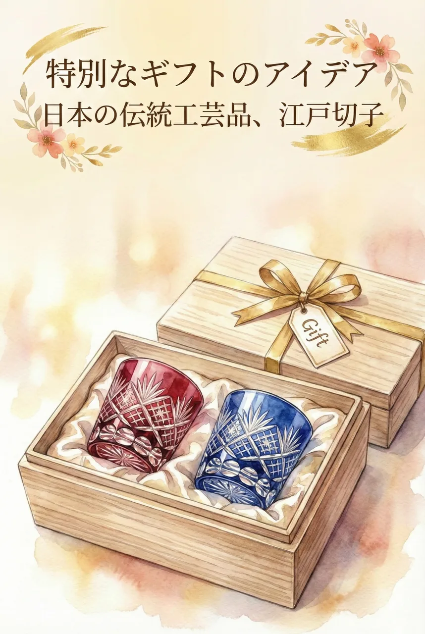 Pair of Edo kiriko glasses in a paulownia wood gift box