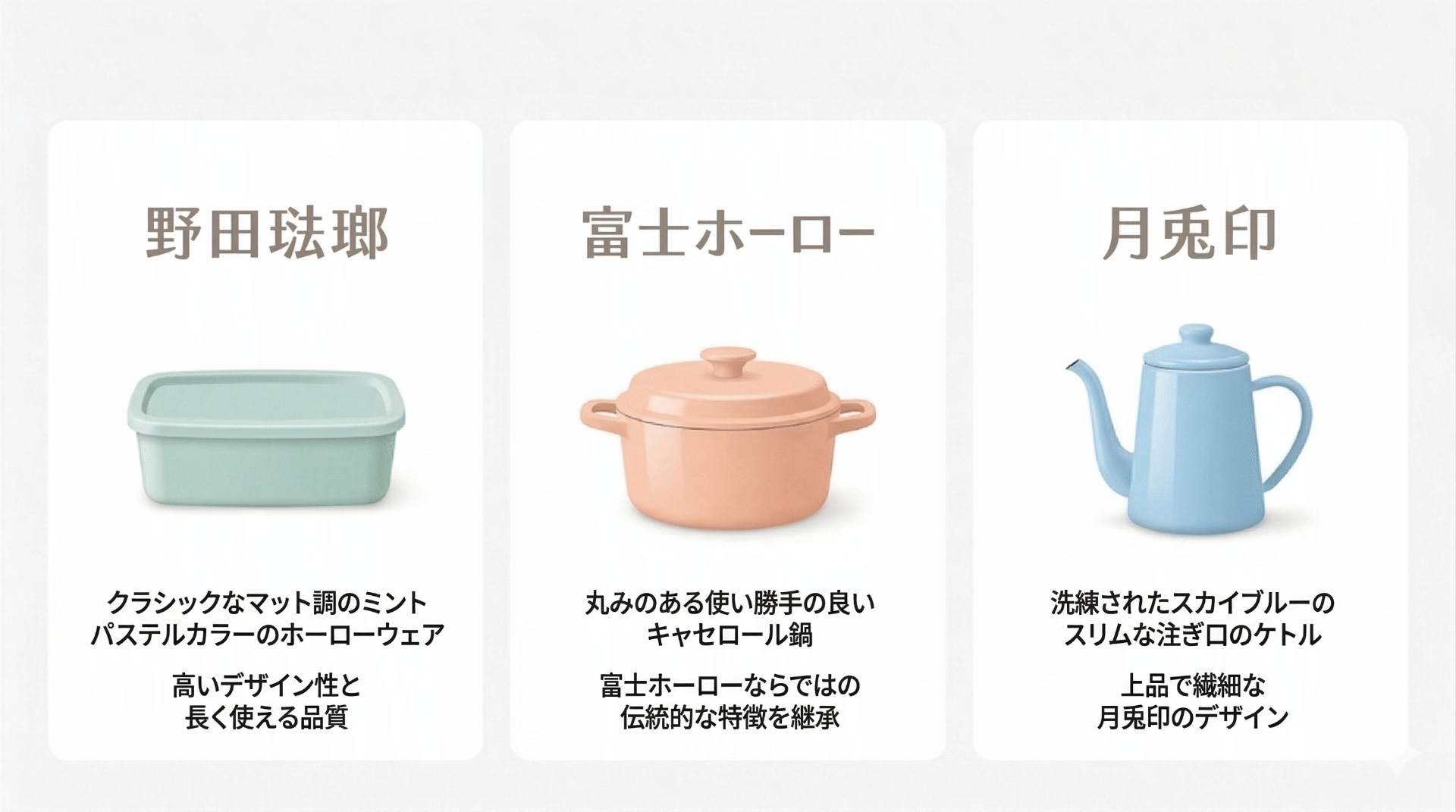Brand comparison illustration: Noda Horo, Fujihoro, and Tsukiusagijirushi