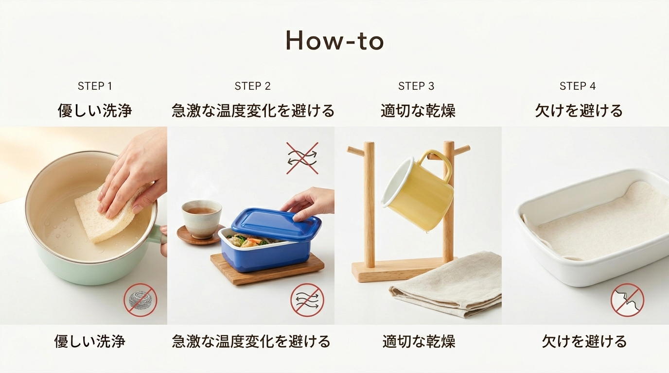 Enamelware care tips: soft sponge only, no metal scrubbers, avoid sudden temperature changes