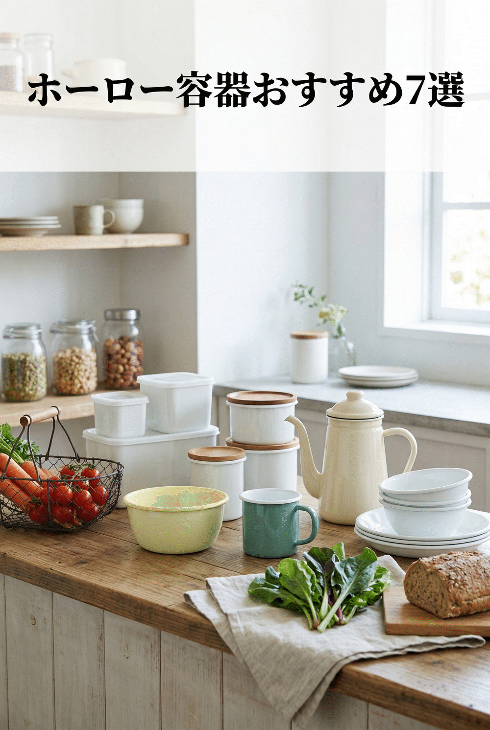 Clean kitchen counter lined with white enamelware containers