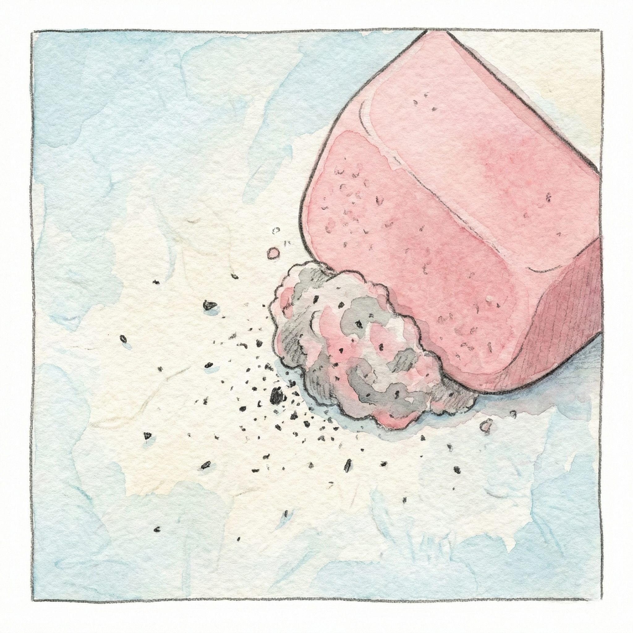 Illustration showing how an eraser's PVC matrix lifts graphite particles from paper, alongside a diagram of the JIS erasure efficiency test