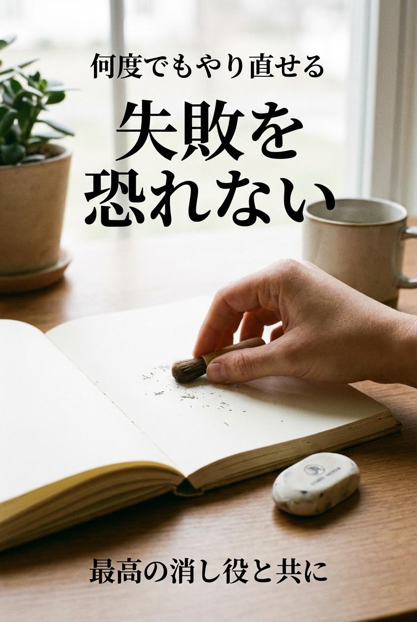 A well-used notebook with rounded eraser resting beside it — the comfort of writing knowing mistakes can be cleanly undone