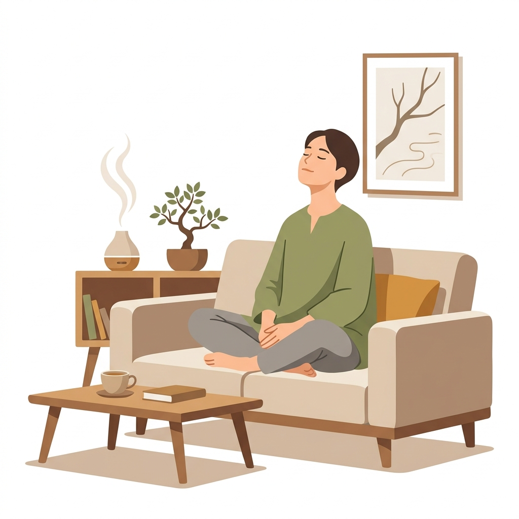 Person relaxing in a calm room filled with natural forest scent from a diffuser