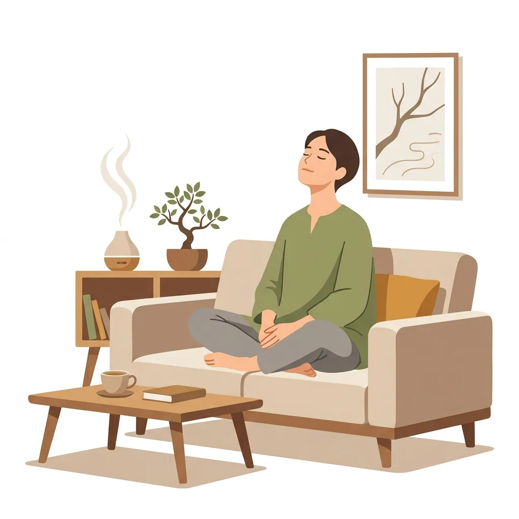 Person relaxing in a calm room filled with natural forest scent from a diffuser