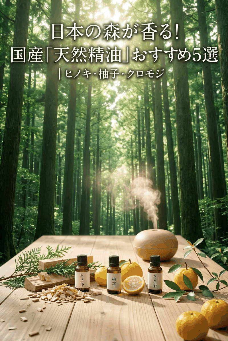 Japanese essential oil bottles with hinoki wood, yuzu citrus, and kuromoji branches