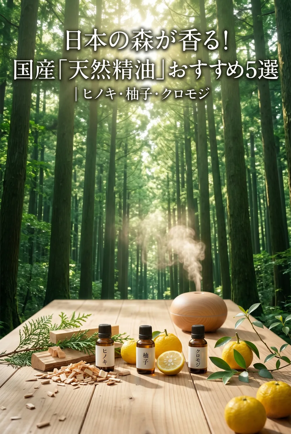 Japanese essential oil bottles with hinoki wood, yuzu citrus, and kuromoji branches