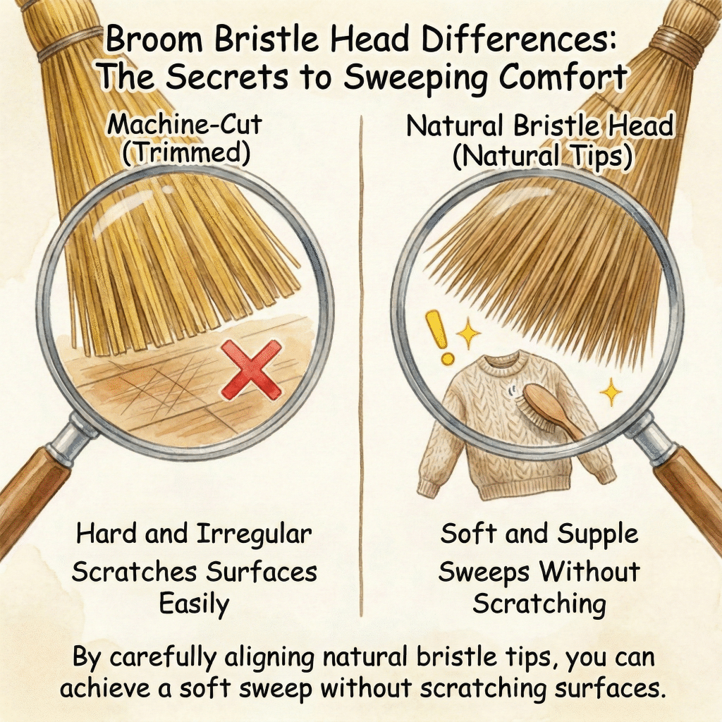 Illustration showing the difference between a stiff cut-tip broom and the naturally soft tips of a Nakatsu Broom