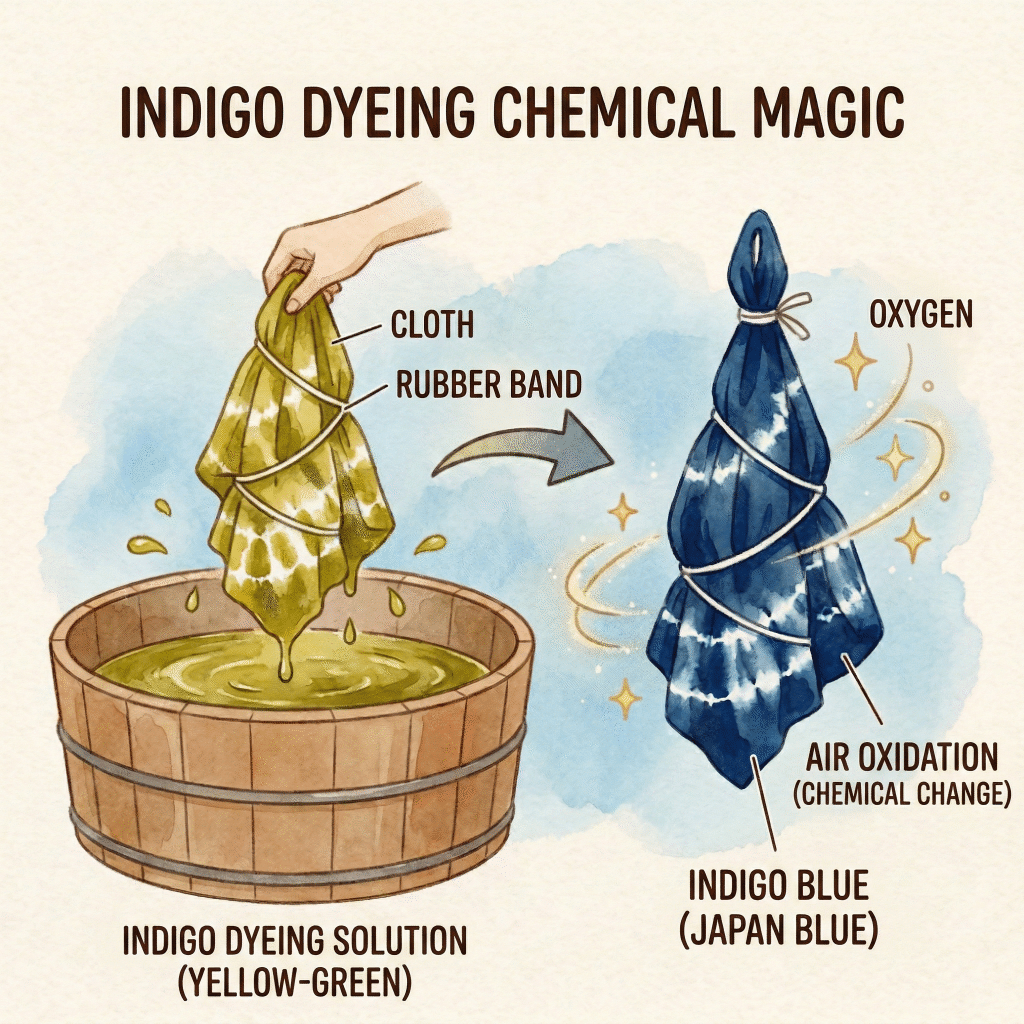 Illustration of green fabric turning blue when it comes into contact with air during indigo dyeing