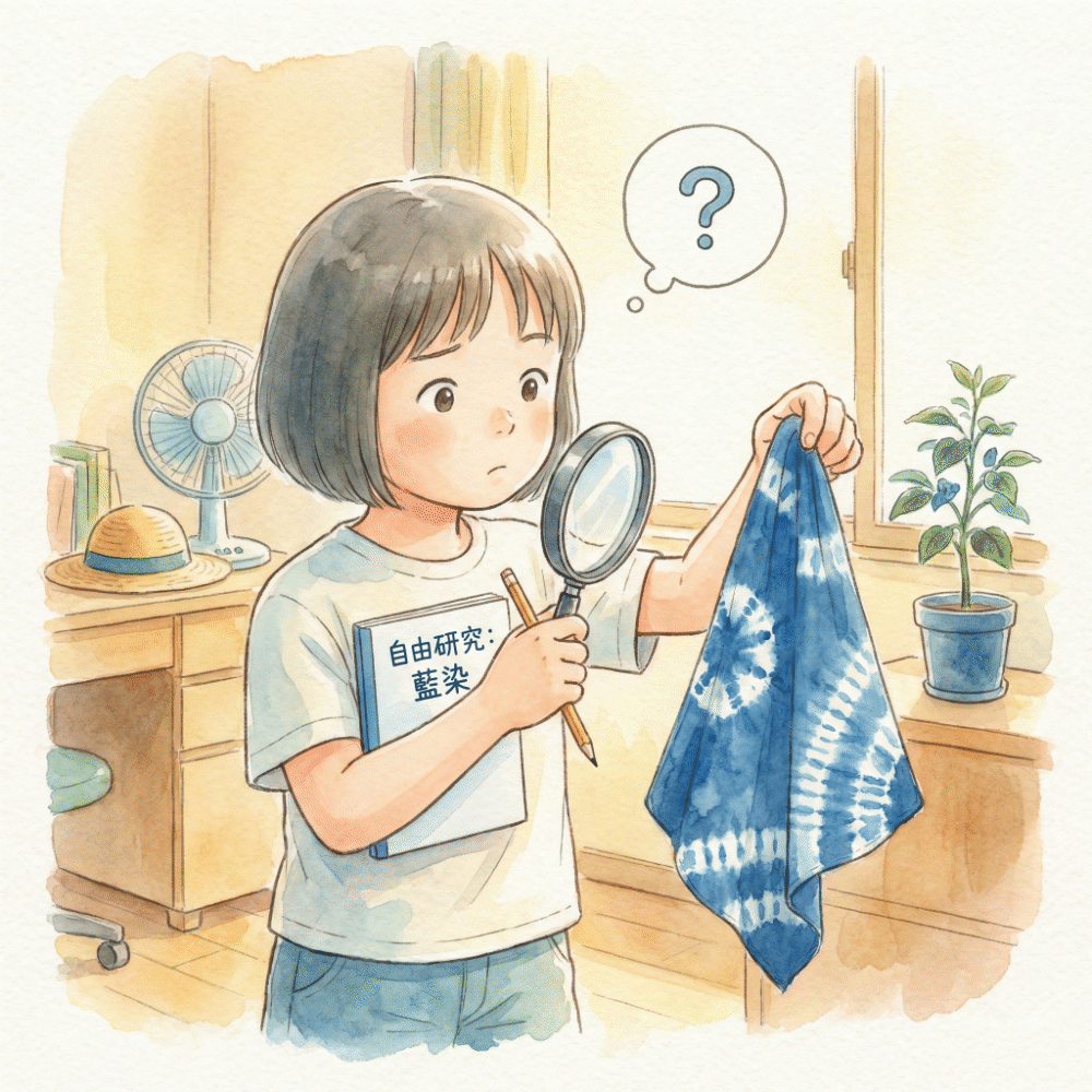 Illustration of a child holding a magnifying glass and writing notes while thinking