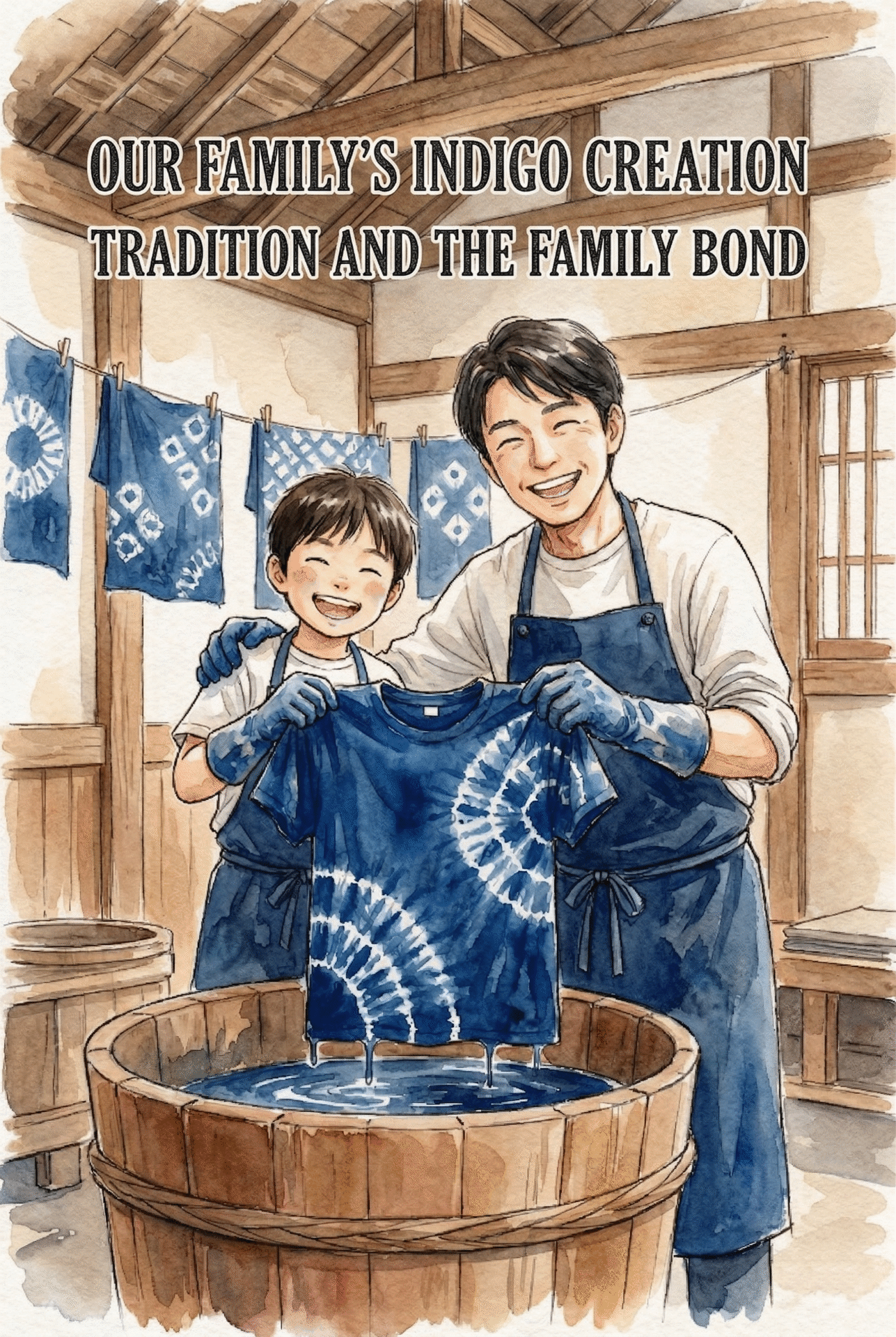 A parent and child smiling and holding up their indigo-dyed T-shirts to show each other