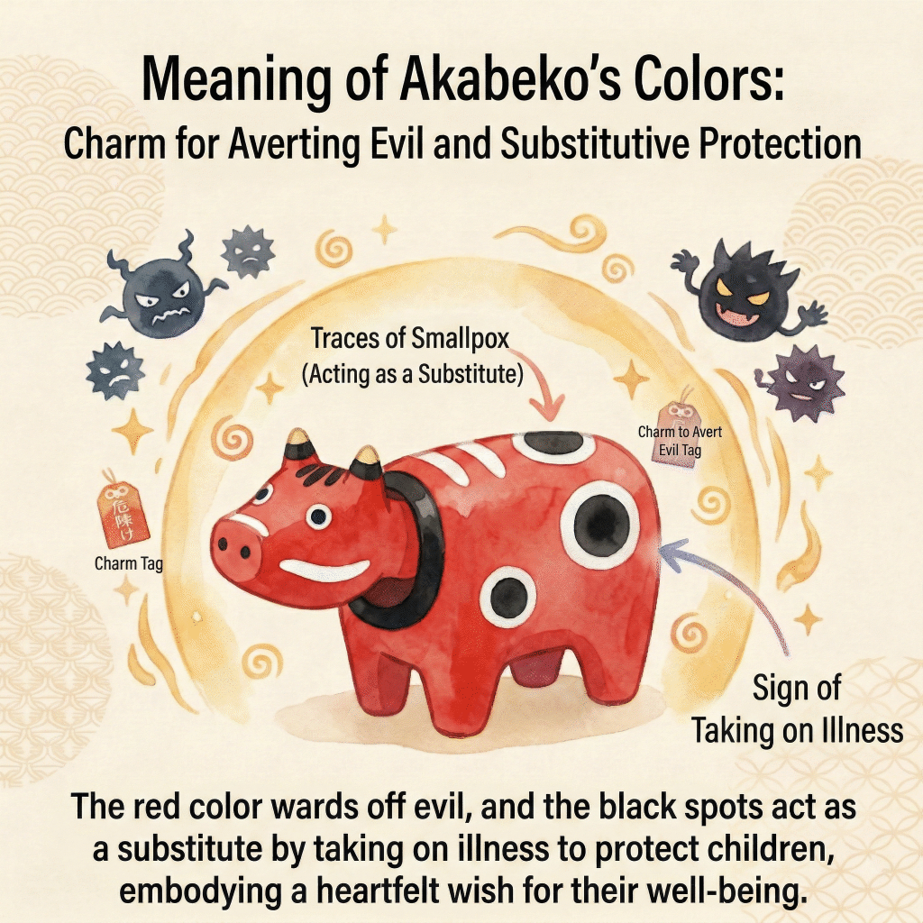 Illustration explaining the meaning of akabeko's red color and the spots on its back