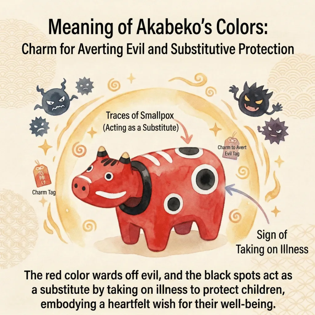 Illustration explaining the meaning of akabeko's red color and the spots on its back
