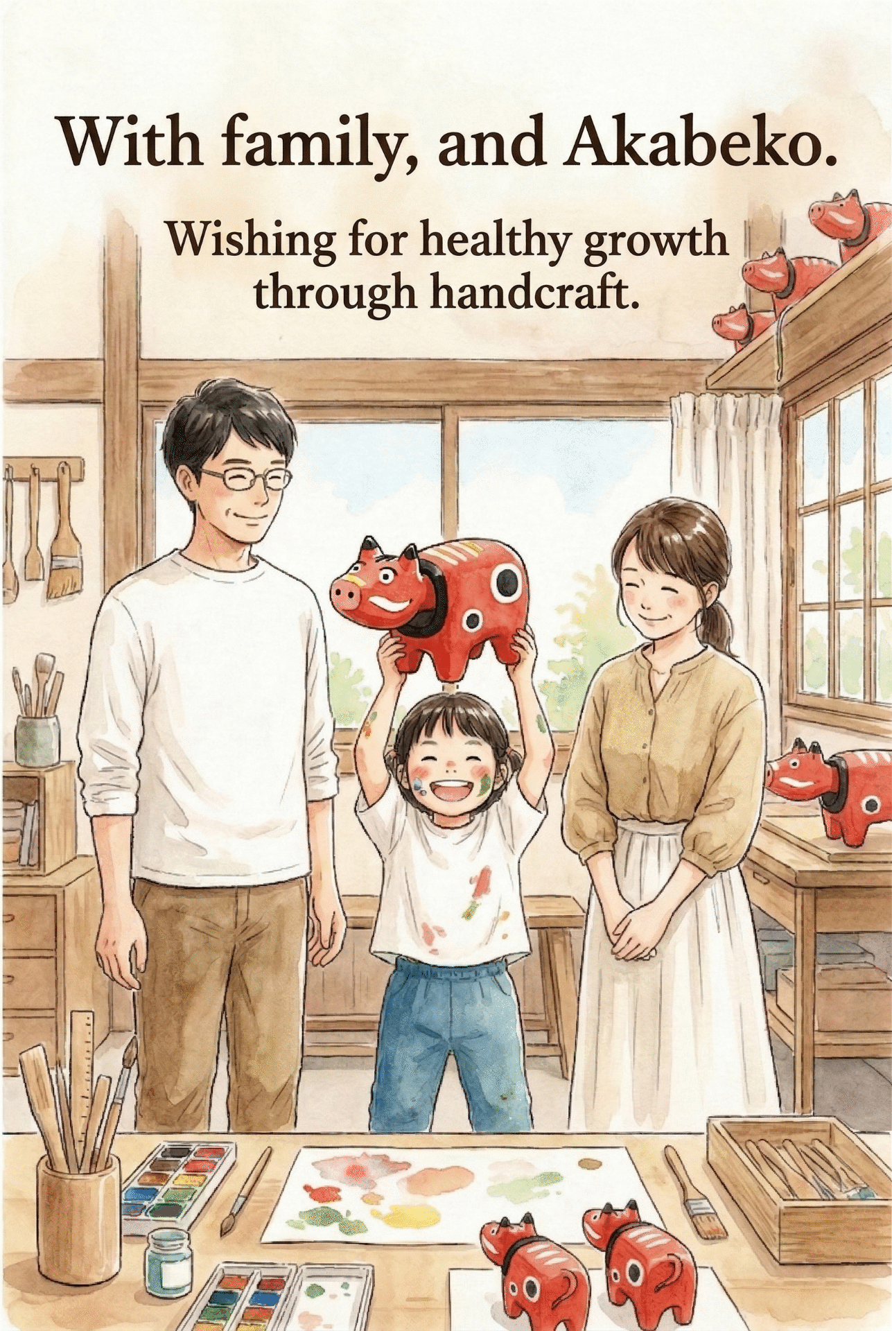 A child happily holding their completed akabeko with a slightly quirky face, with a parent watching over them