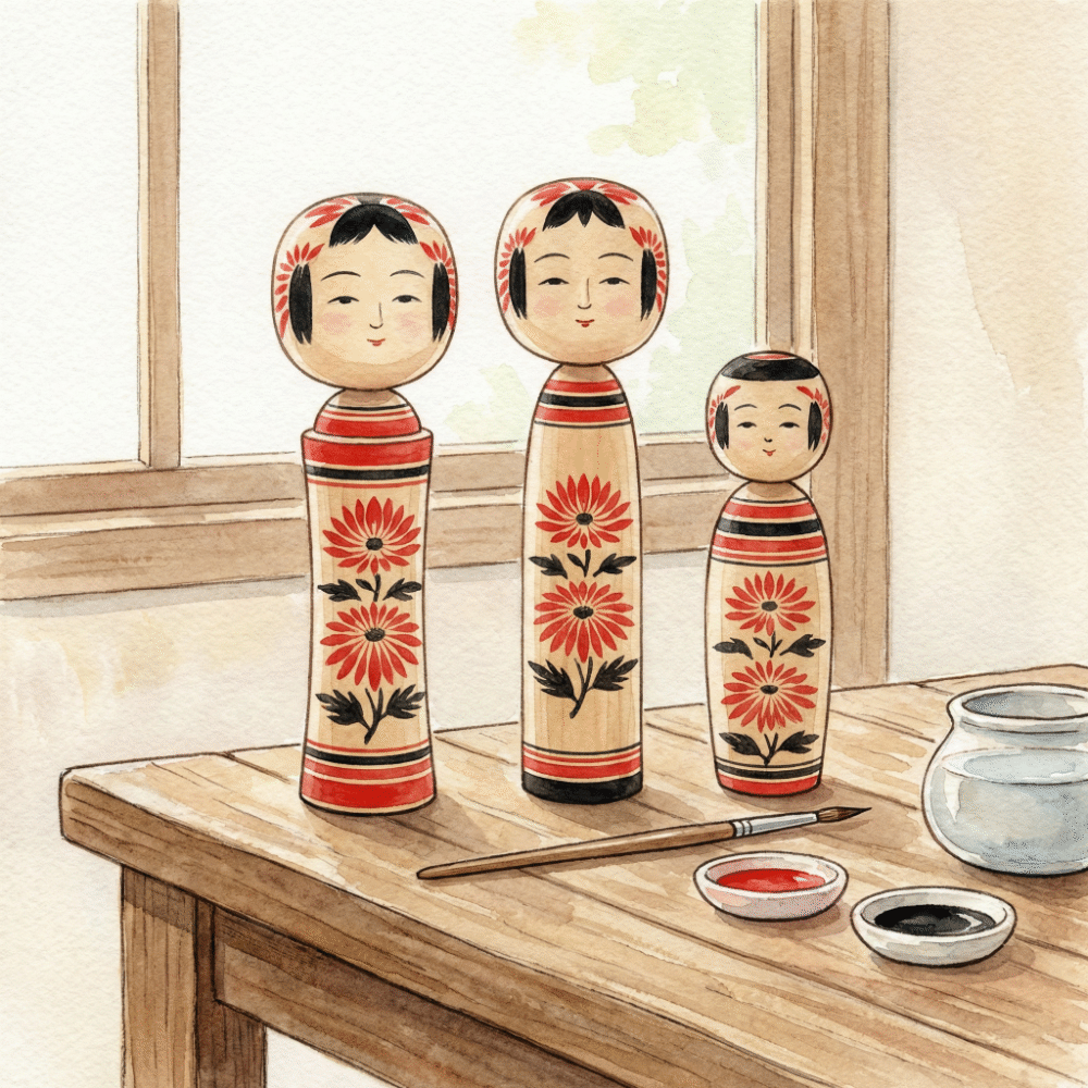 Charming traditional kokeshi dolls at the Ganguan Kokeshi-ya shop
