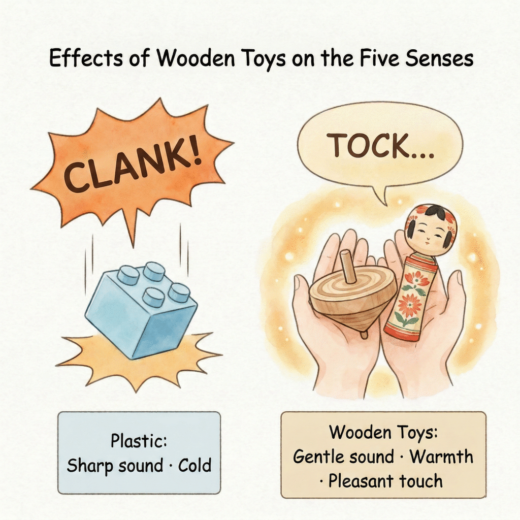 Illustration explaining the differences in texture and sound between plastic and wooden toys