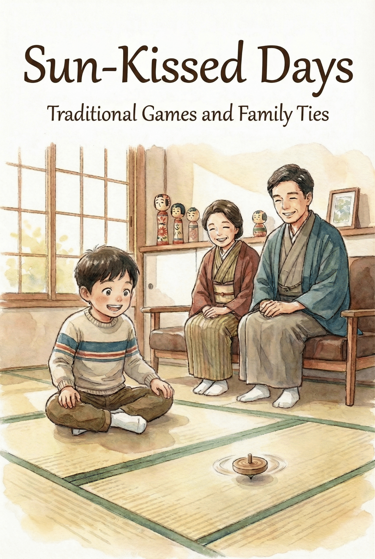A child happily spinning a self-painted koma while a parent watches over them
