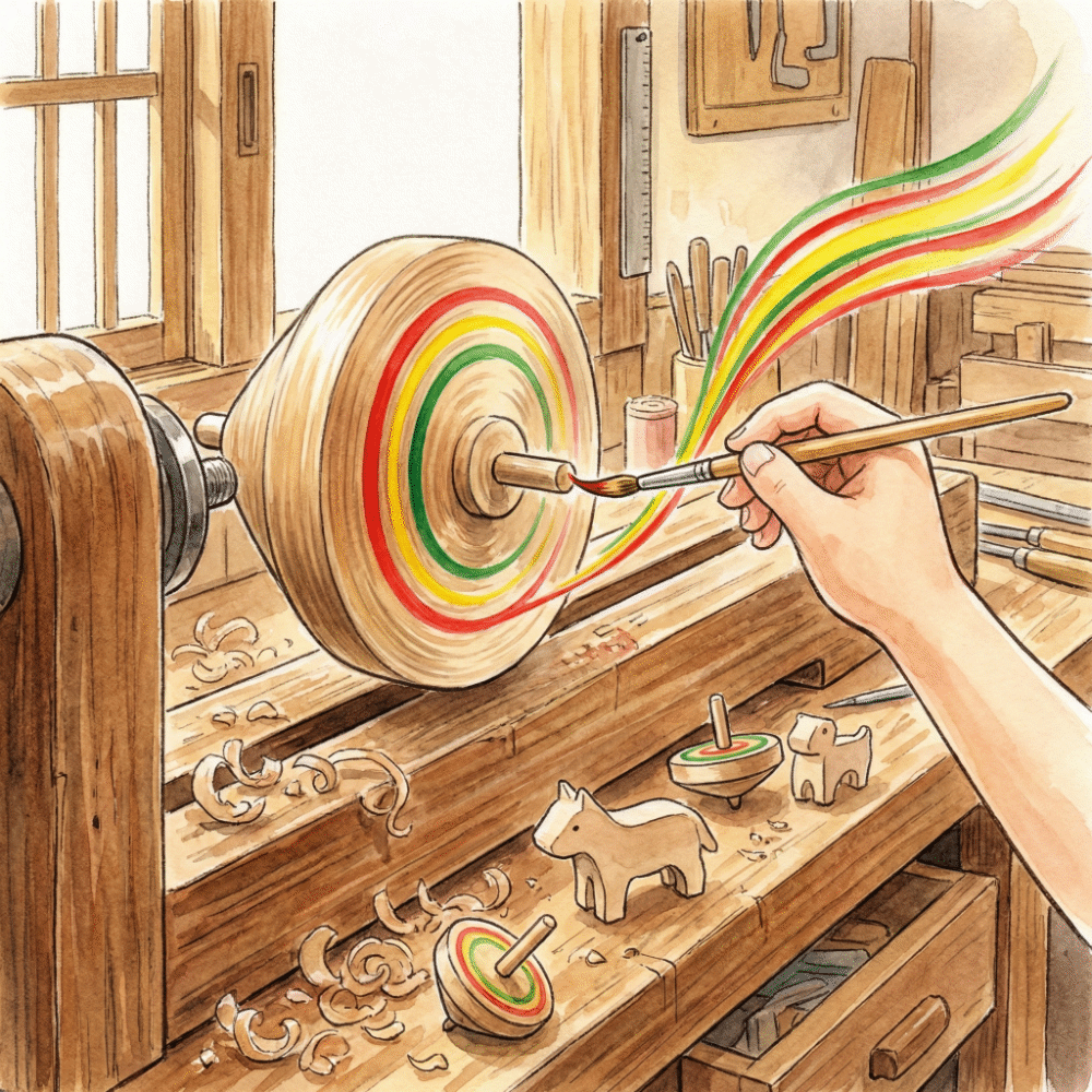 A craftsperson operating a lathe and wooden toys at the Wagatsuma Kokeshi workshop