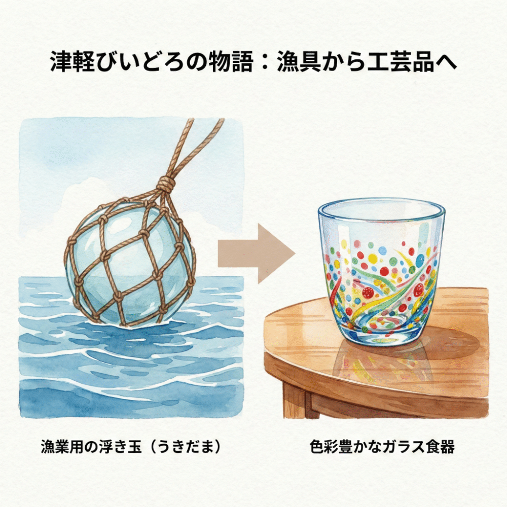 Illustration depicting the history from glass fishing floats to Tsugaru Vidro glassware