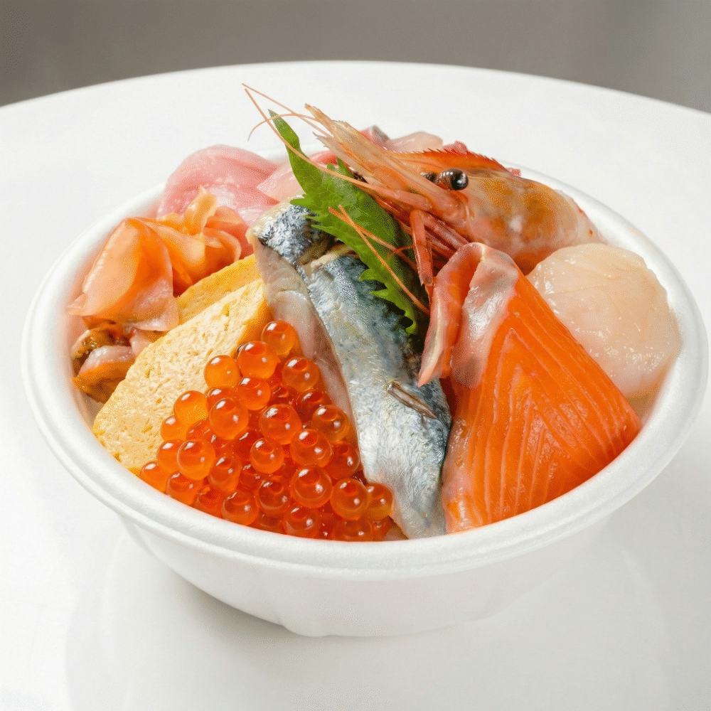 Aomori's 'Nokkedon' bowl being assembled with chosen toppings from the market