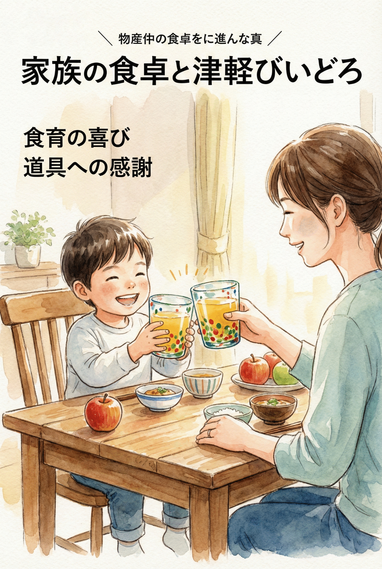 A parent and child smiling and toasting with apple juice poured into Tsugaru Vidro glasses