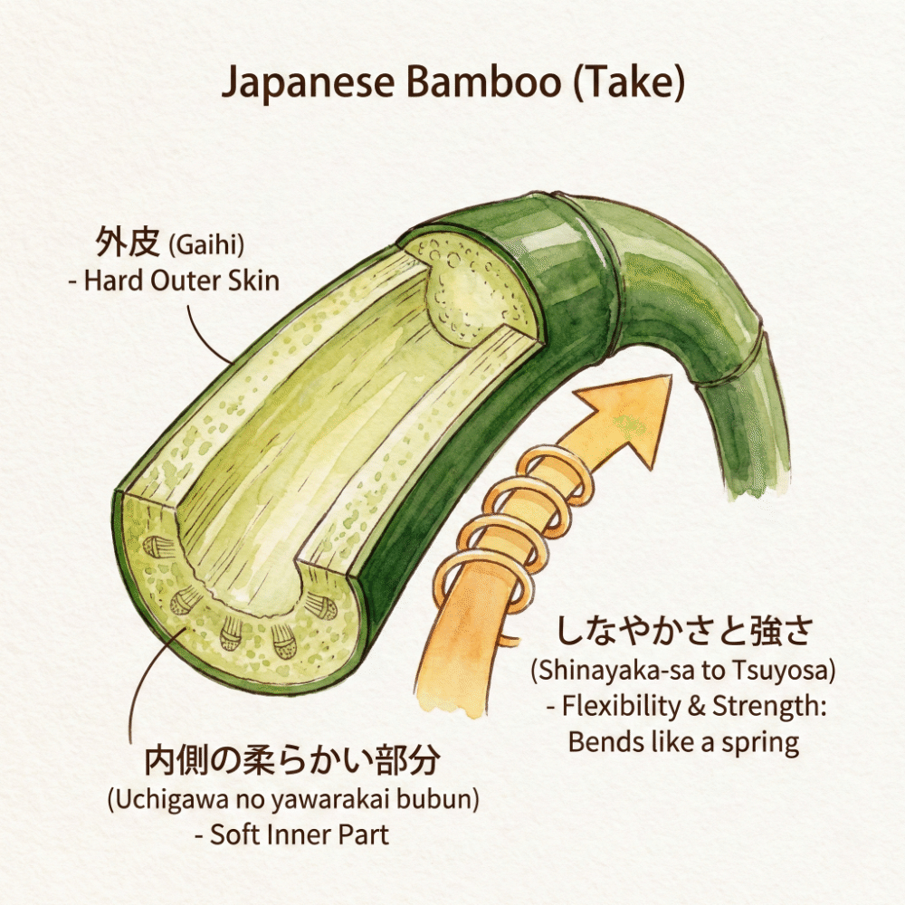 Illustrated diagram explaining how bamboo's hard outer skin and soft interior create spring-like resilience that prevents breaking when bent
