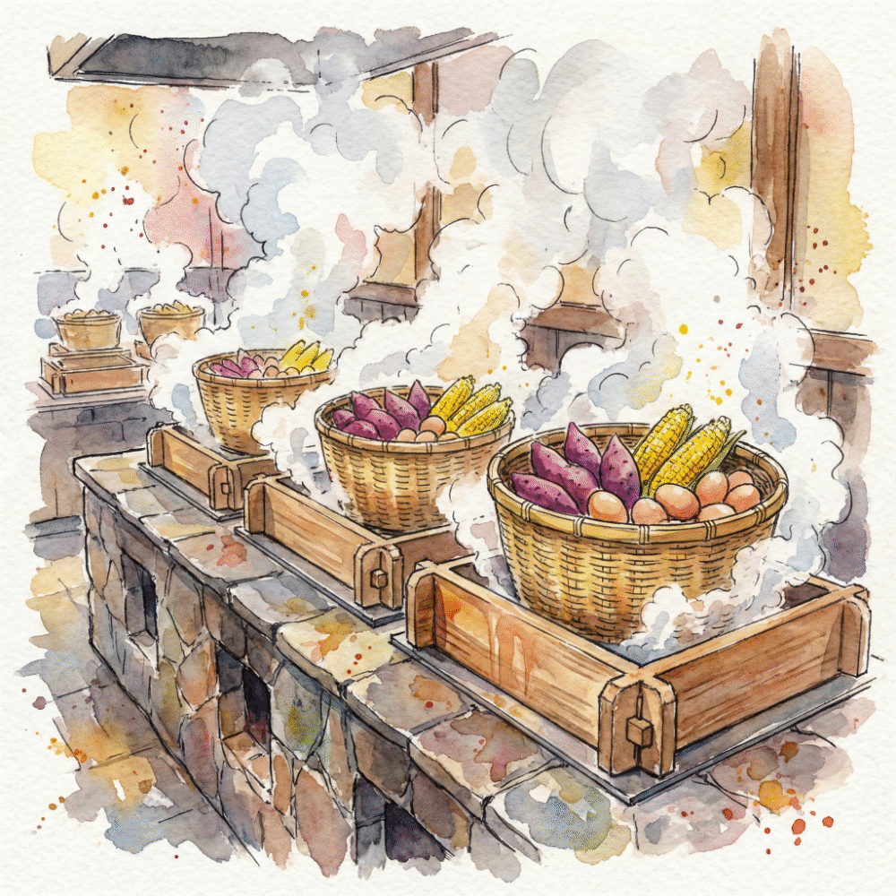 Scene of Jigoku Mushi cooking, with bamboo baskets loaded with vegetables placed inside high-temperature hot spring steam