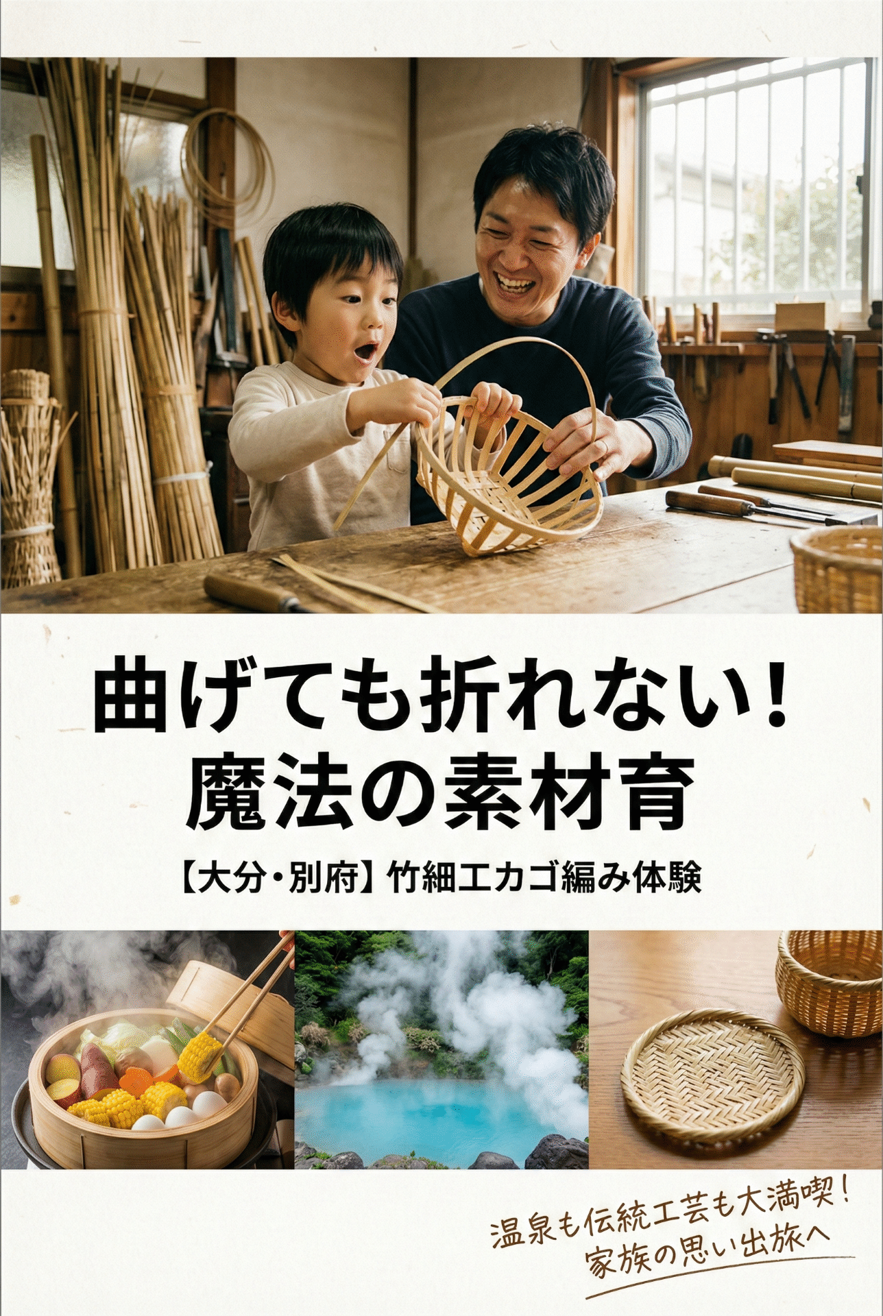 Smiling scene of parent and child cooperating to bend bamboo strips and complete a basket