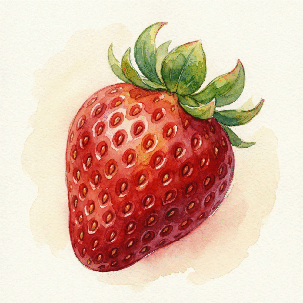 Illustration of a perfectly ripe strawberry with its stem curled back and deep red color all the way to the base