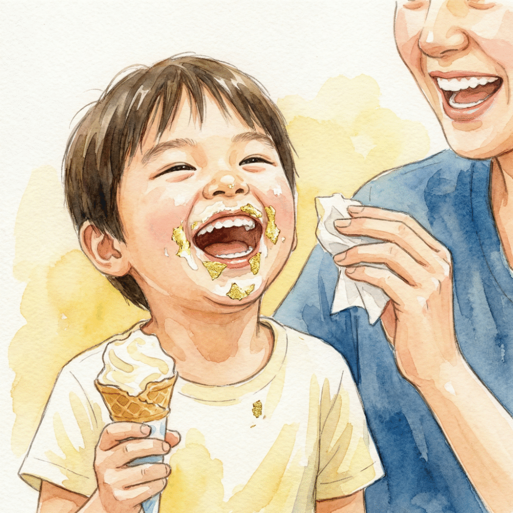 Illustration of a child laughing with gold leaf on their lips while eating soft-serve ice cream