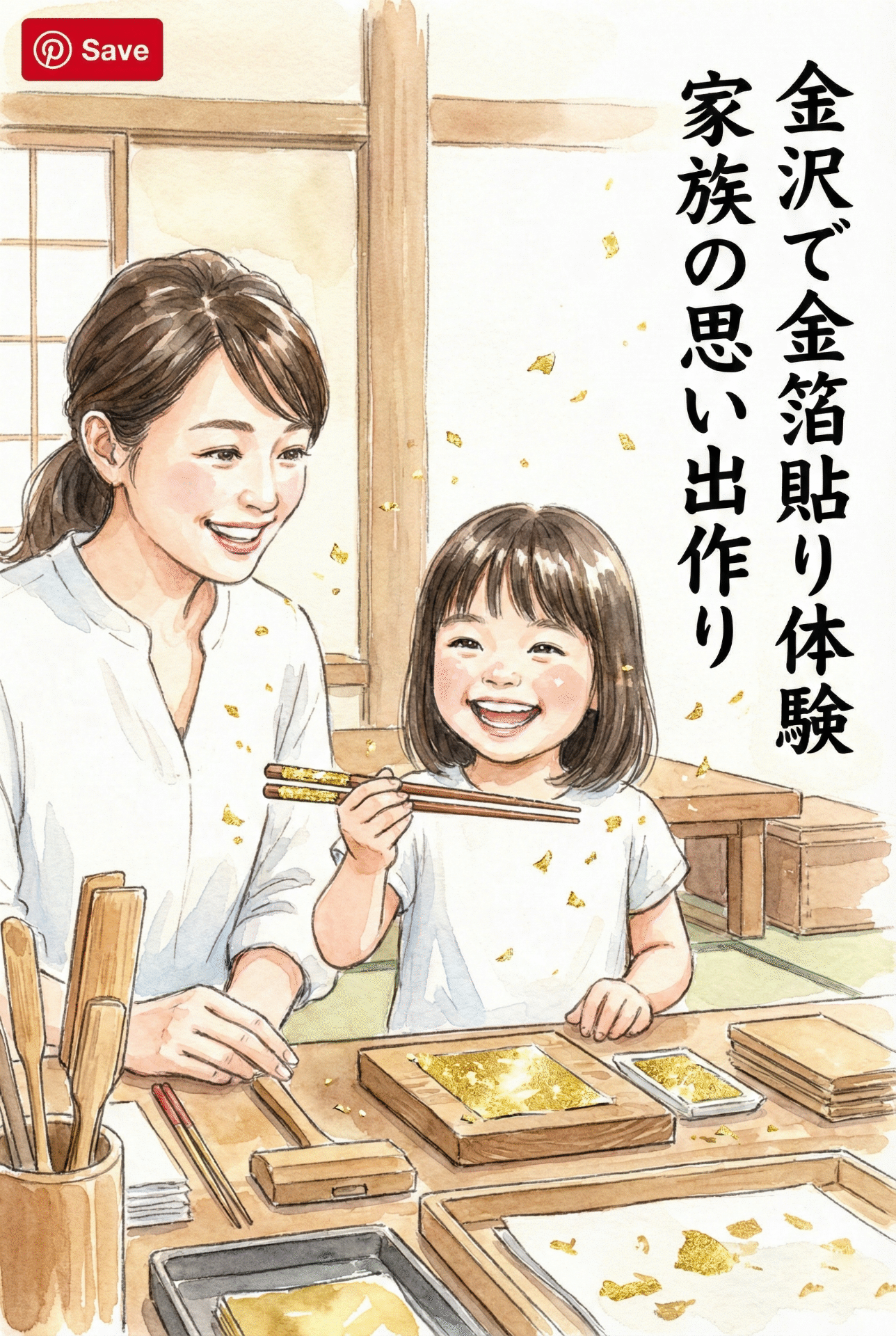 A smiling girl and her family holding their completed shimmering gold leaf chopsticks