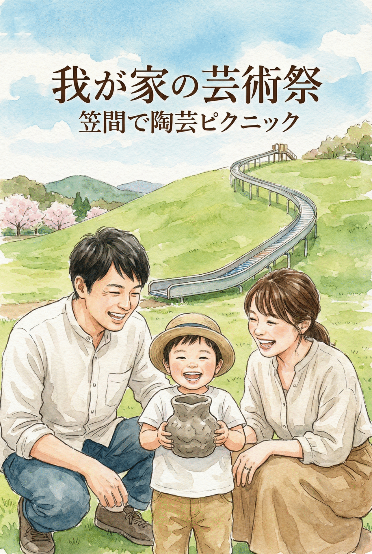 A parent and child holding their freely created pottery pieces, smiling in a park