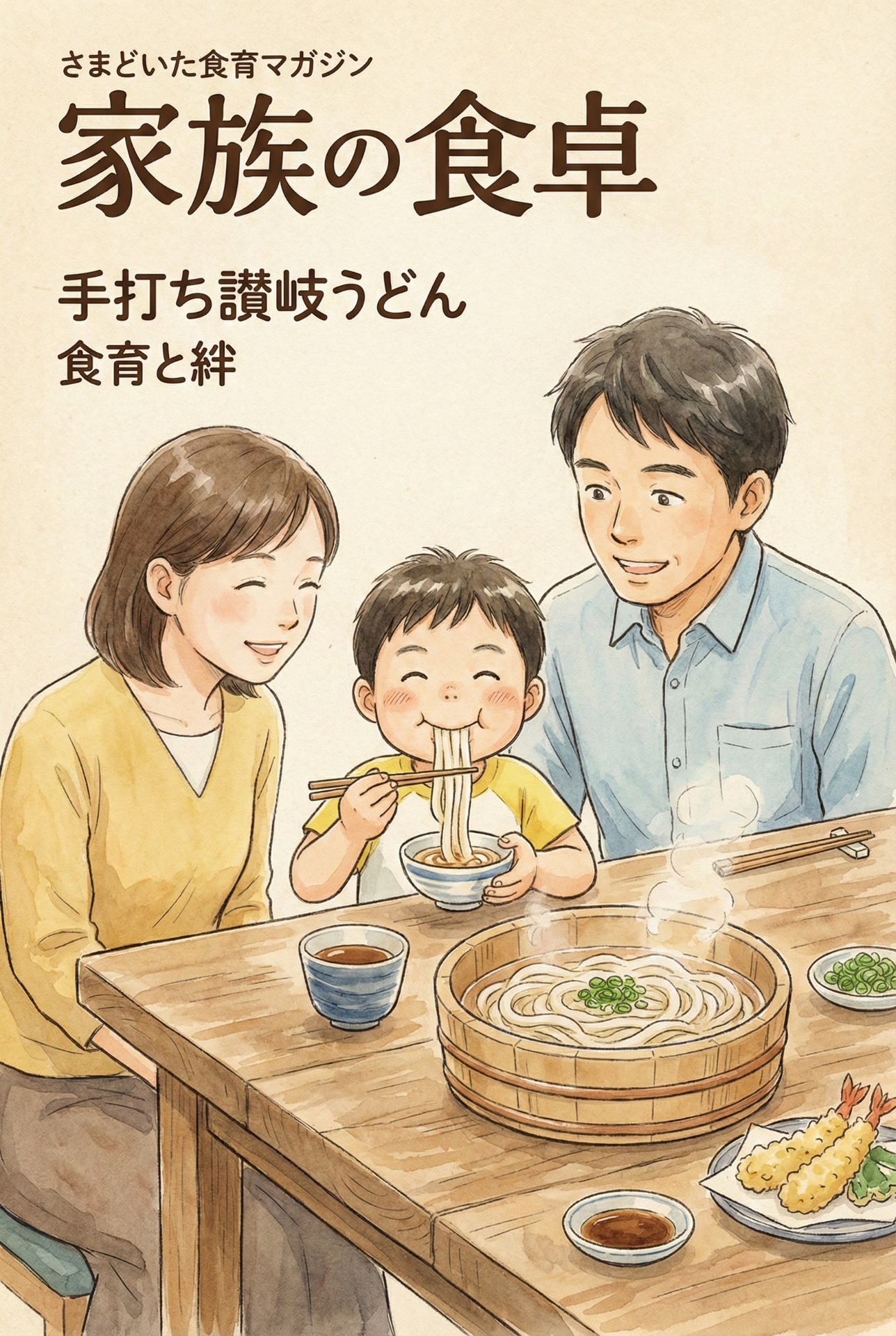 A parent and child smiling as they slurp up unevenly shaped handmade udon noodles