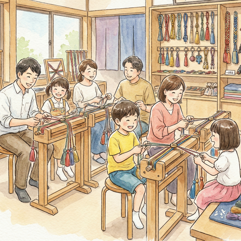 A parent and child seriously engaged in the kumihimo experience at a marudai stand at Iga Kumihimo Kuminoo no Sato