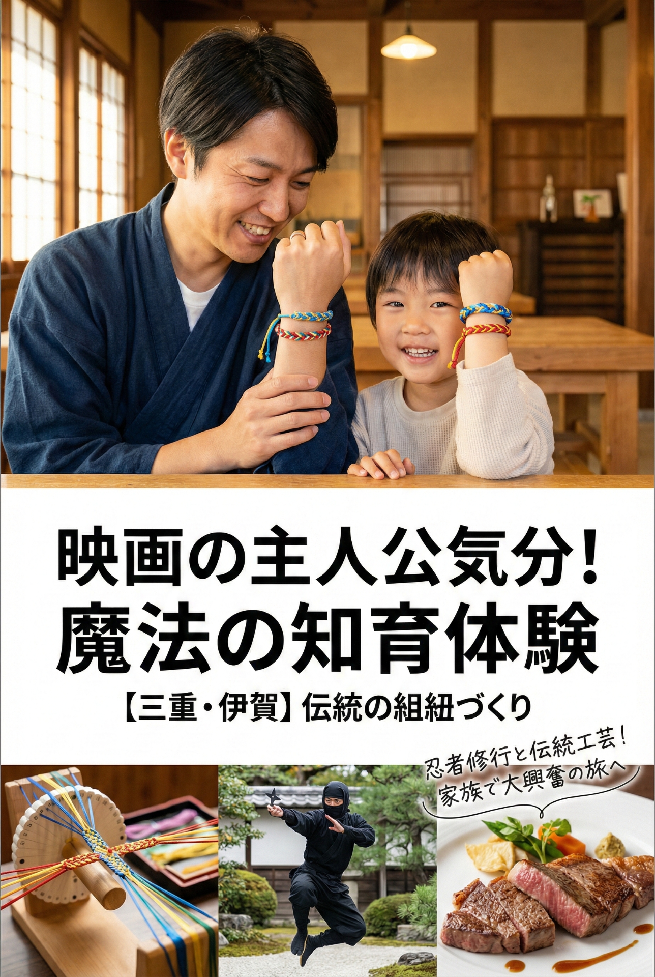 A parent and child happily showing off their completed, colorful kumihimo bracelets on their wrists