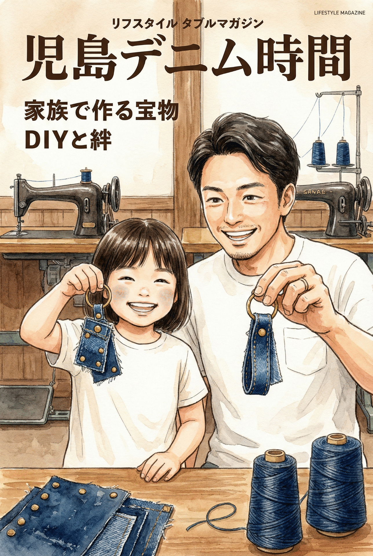 A smiling parent and child showing each other the cute denim strap they made from fabric scraps