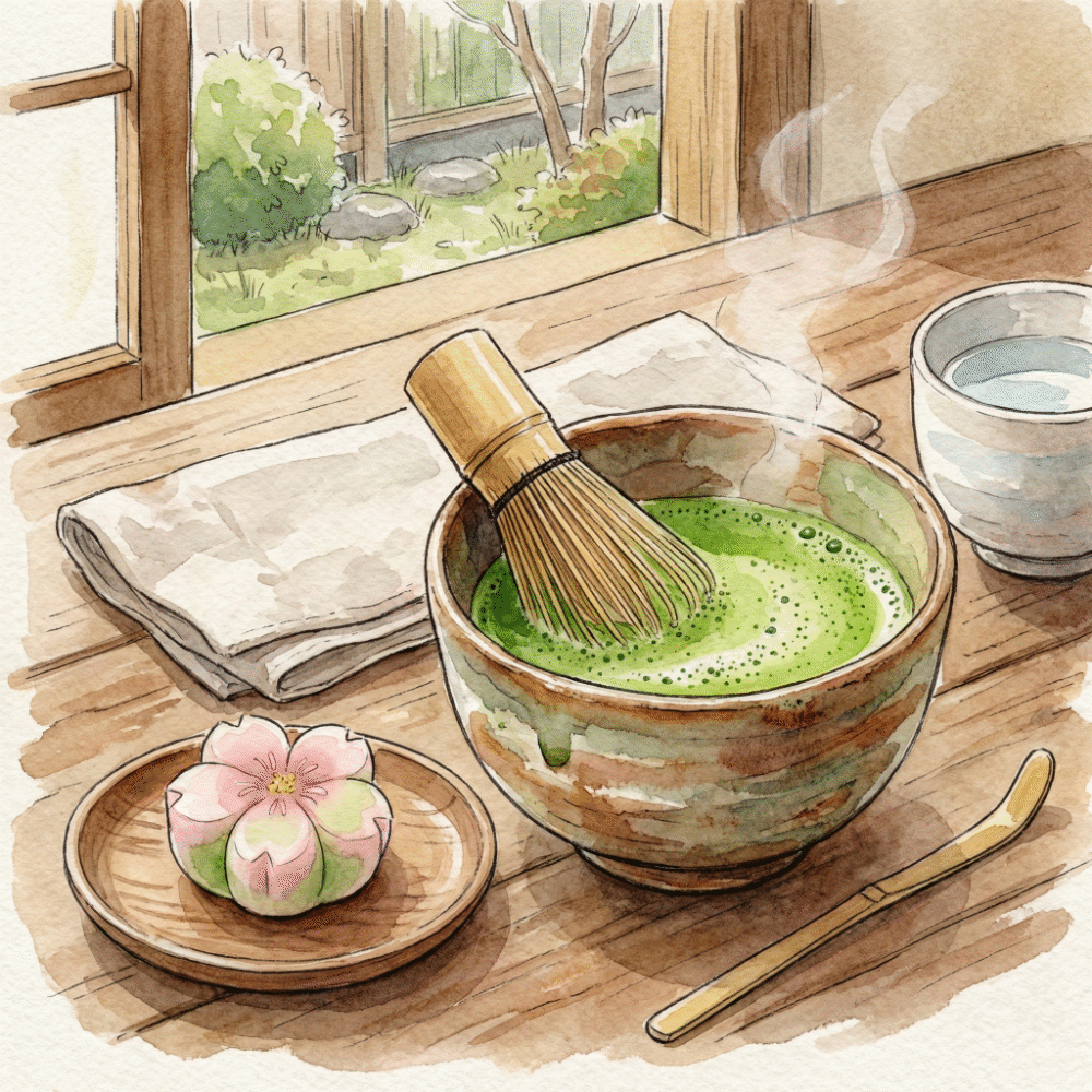 An illustration of whisking matcha in a tea bowl using a bamboo chasen whisk