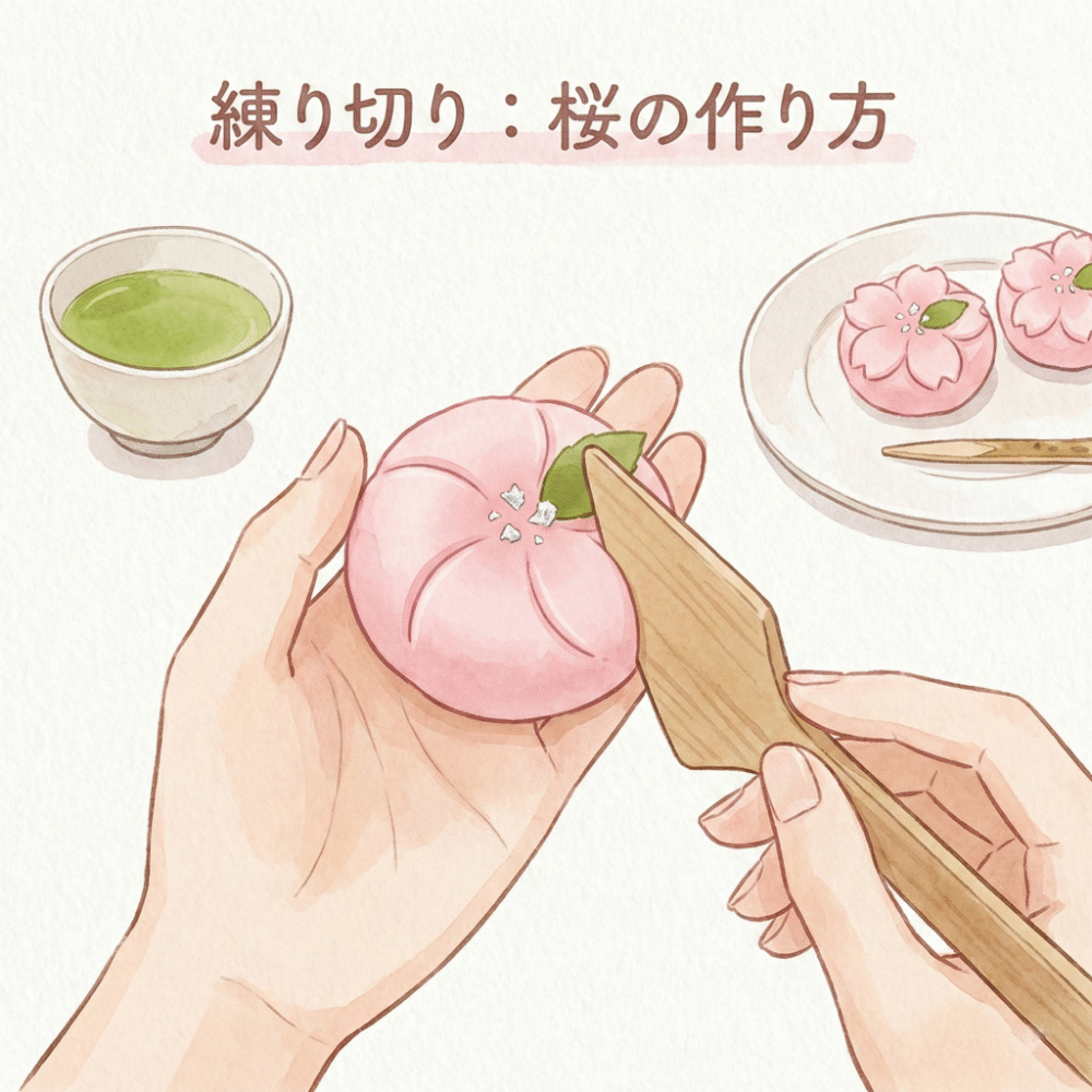 An illustration of pressing petal lines into a cherry blossom-shaped wagashi (nerikiri) using a wooden triangular spatula