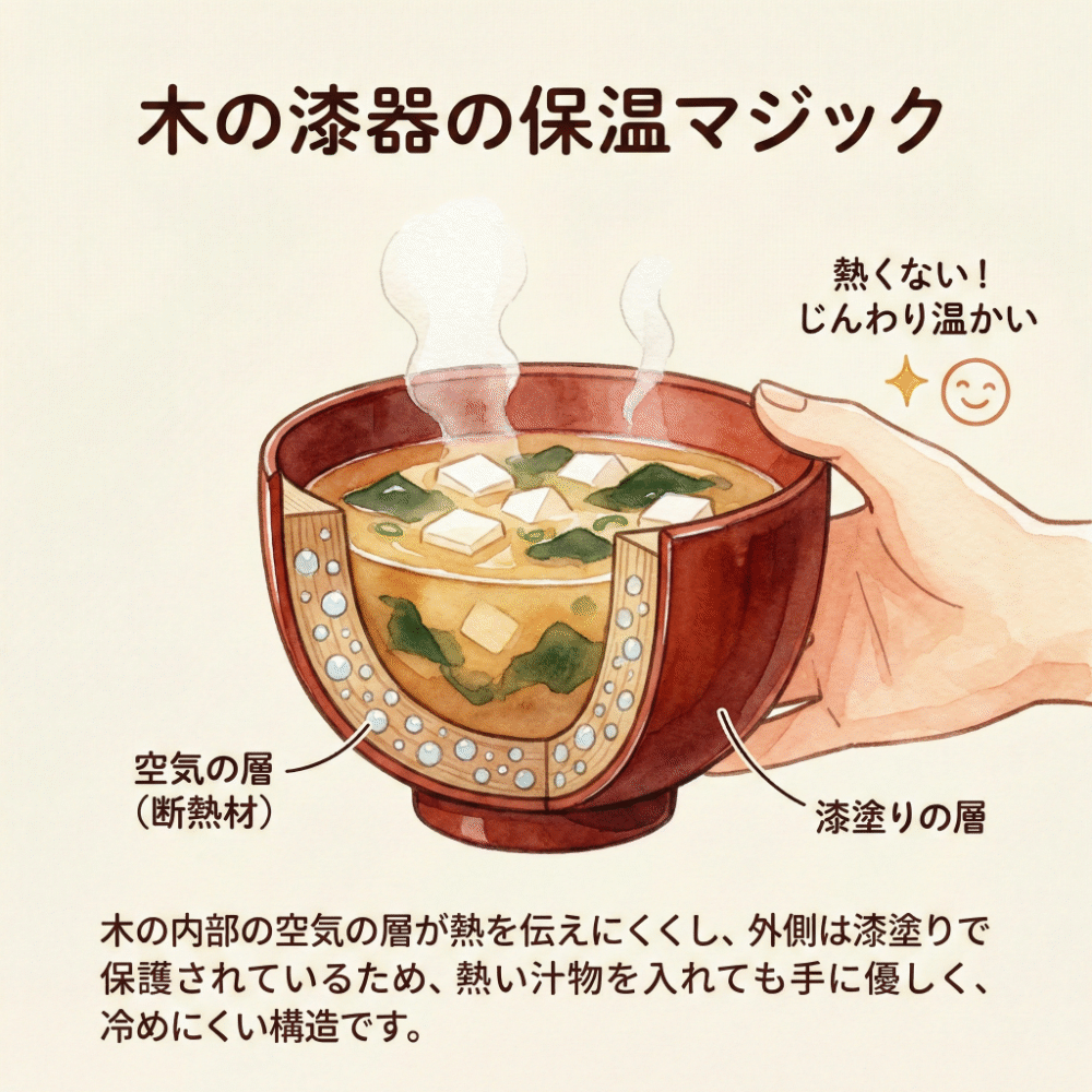 Illustration explaining how the insulating properties of wood and lacquer keep your hands and lips from getting hot