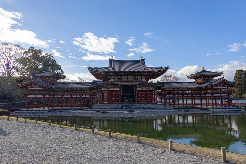 The World Heritage Byodoin Hoodo (Phoenix Hall), beautifully reflected in the pond under a blue sky