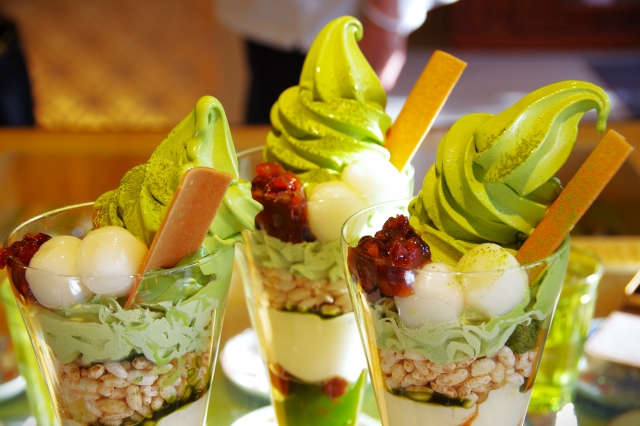 Uji's famous matcha parfait, loaded with rich matcha ice cream and white mochi balls