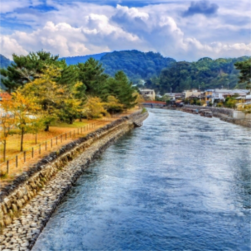The tranquil and sacred atmosphere of Ujigami Shrine, surrounded by lush greenery