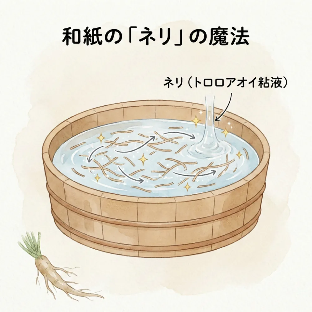 An illustration showing how the mucilage 'neri' extracted from tororo-aoi roots magically entangles wood fibers together