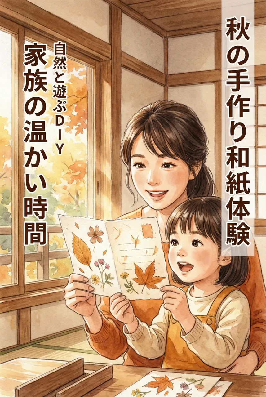 A parent and child smiling as they hold a washi postcard embedded with autumn leaves up to the sunlight