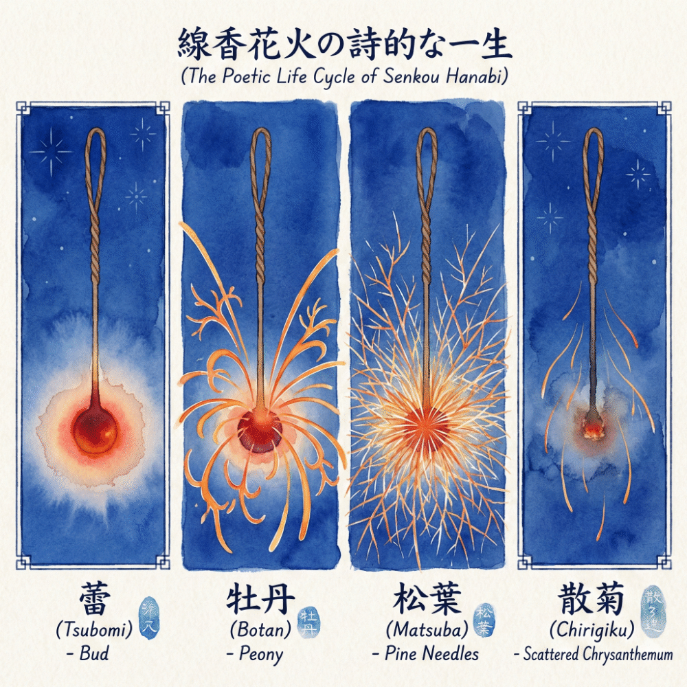 Illustration explaining the four stages of senko hanabi—bud, peony, pine needles, scattering chrysanthemum