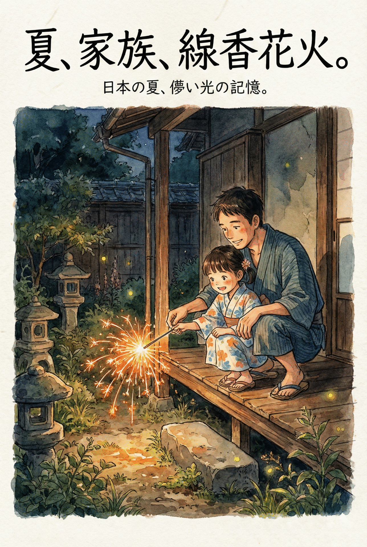 Parent and child in the darkness, gazing intently at the beautiful sparks of a senko hanabi sparkler