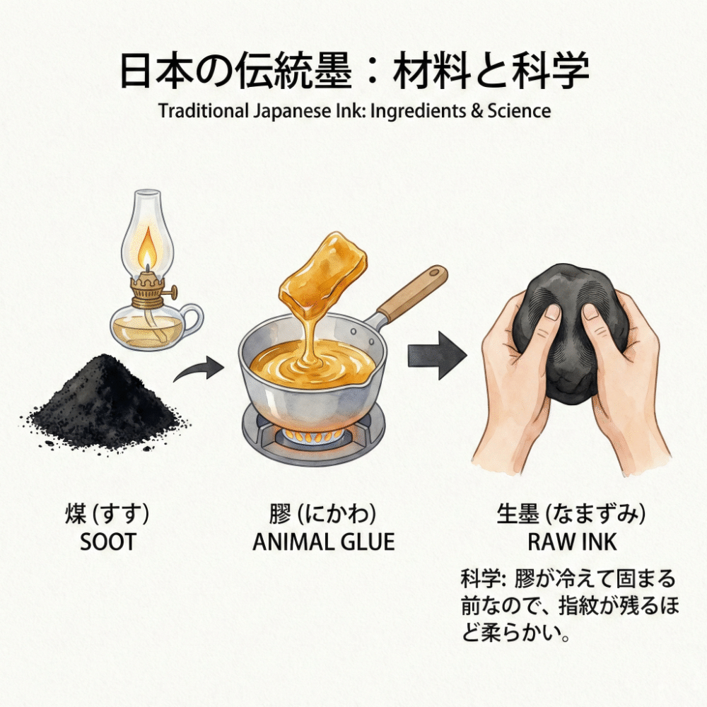 Illustration explaining soot (susu) and animal glue (nikawa), the key ingredients in ink sticks